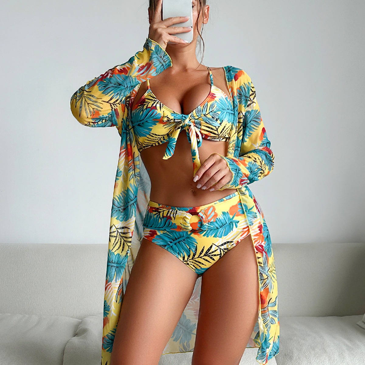Kimono Sheer Floral - Baju Renang Wanita 3-Potong Bermotif Bunga,